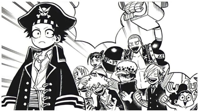 Feature image for our news piece showing a black and white illustration of various MHA characters in the MHA style cosplaying as One Piece characters