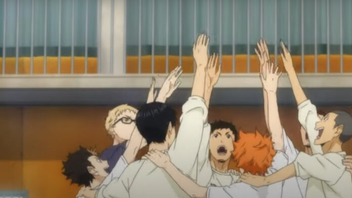 Feature image for our Sports Anime Streaming news piece. Images showing volleyball players cheering.