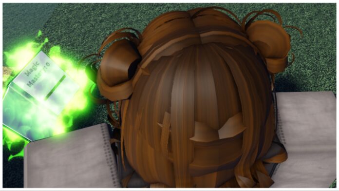 feature image for our clover retribution chibi devils guide which shows a top-down view of a brown-haired character with space buns overlooking a floating green grimoire to her left