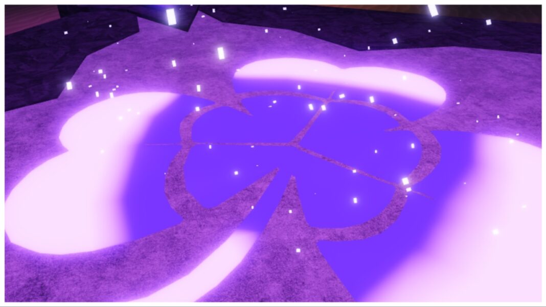 Feature image for our Clover Retribution Tier List showing a purple glowing three-leaf clover on a stone ground with small white particle effects rising from the engraved leaf