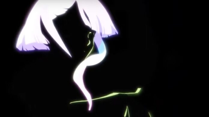 screenshot from the announcement trailer for the guilty gear strive lucy news, with a silhouette of her hair, the side of her face and her shoulder