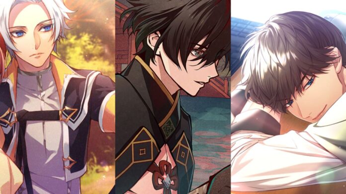 a collage feature image for our otome games that need an anime adaptation article, on the left is zafora from radiant tale looking to the side, the middle image is goemon from the side as he smiles slightly, and the image on the right is kohei laying his head on his arms at his desk with a keyboard close to him as he smiles sleepily