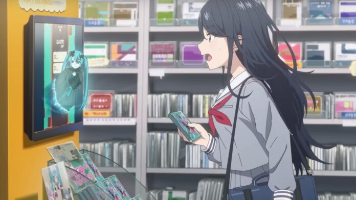 a screenshot from the project sekai movie trailer which features ichika from the game standing in a music shop whilst looking surprised as she stares at a small version of hatsune miku coming out of the screen as ichika holds a CD in her hand by a promotional stand with hatsune miku products