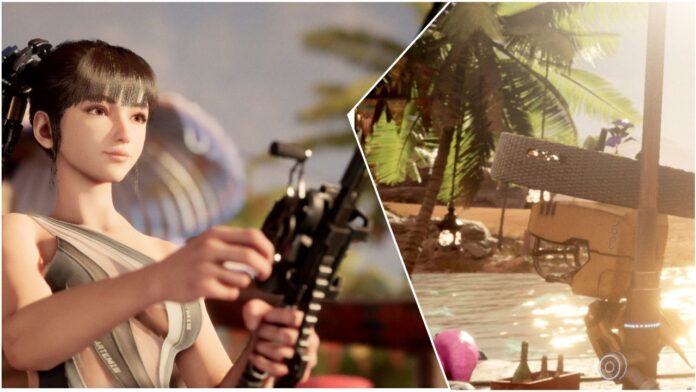 promo image of eve sat down while fishing and smiling wearing a swimsuit for the stellar blade summer update, with an attached photo in the collage of a robot serving food and drinks in a tray on its head as it floats around by the water, with a crate of drinks on the ground and a pink flamingo float, with lanterns attached to the palm trees