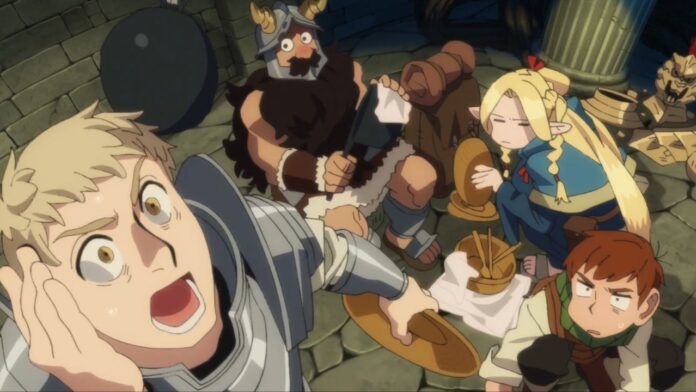 screenshot for our top 5 dishes in dungeon meshi feature, of laois, senshi, marcille, and chilchuck with laois in the forefront yelling with his hand to his face standing up, while the rest of them sit on the ground, with senshi looking surprised, marcille looking disgruntled and chilchuck looking confused