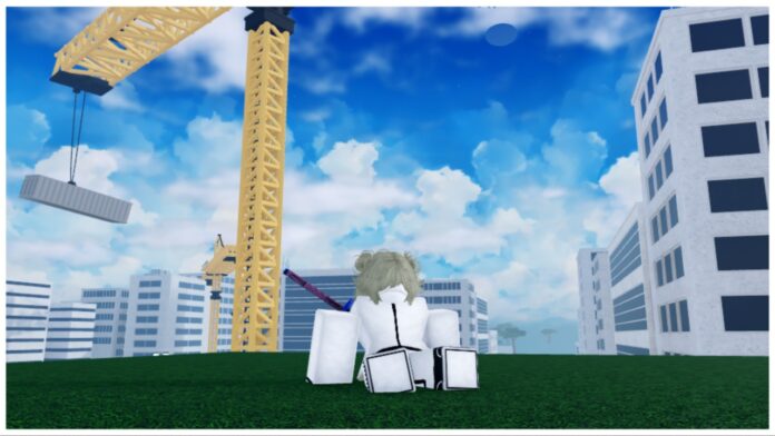 feature image for our type soul shikai tier list which shows a patch of grass with a player sat down wearing all white. Behind them is a large yellow construction crane hauling a cargo container