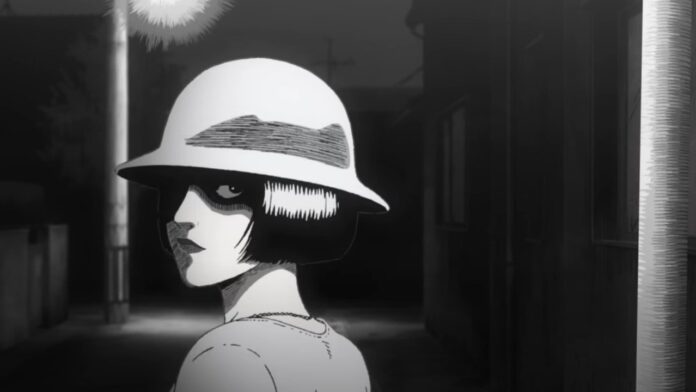 Feature image for our news piece on the Uzumaki anime. It shows a female character with a black bob haircut, and a hat pulled down, catching half her face in shadow.