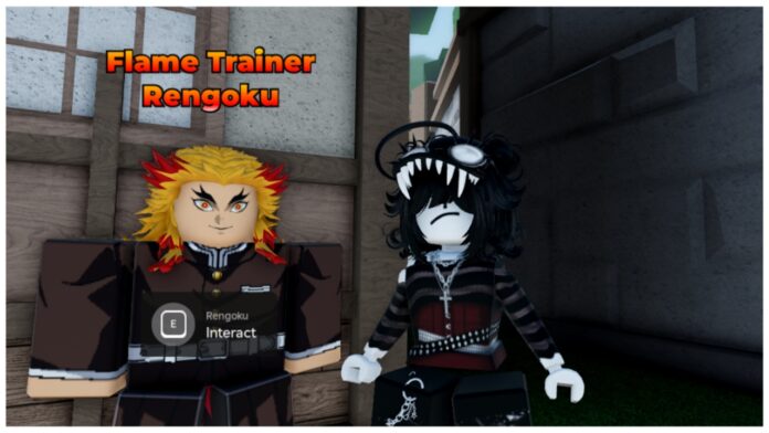 feature image for our weak legacy 2 breathing tier list showing a roblox avatar stood beside a rengoku npc who has flaming long hair of golden and red. The character beside him is pale white with a frown and black and red emo-esque attire