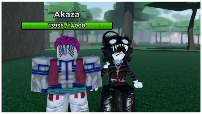 feature image for our weak legacy 2 clan tier list which shows an akaza npc stood beside my avatar who is pale white with a black and red emo-like attire during daytime on a grass patch