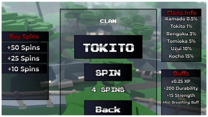 feature image for our weak legacy 2 clans guide which shows the clan spinner page with the tokito clan as the current spun lineage