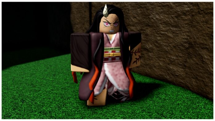 Feature image for our Weak Legacy 2 Demons Guide showing a nezuko boss npc stood against a brown wall with her fangs bearing as she pulls an angry face