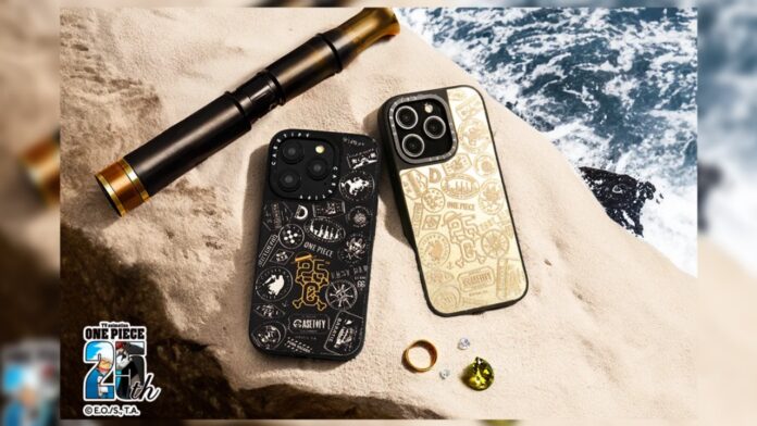 Feature image for our One Piece x CASETiFY Collab celebrating the 25th anniversary showing two cases on a beach surrounded by sand and water and a small handheld spyglass