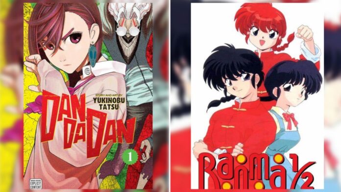 Feature image for our leaks news showing the first cover art for dandadan on the left and the feature image for ranma 1/2 on the right as a split collage