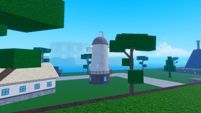 Feature image for our How To Get Portals In Meme Sea guide. Image shows a scenic view of trees, houses, and a windmill.