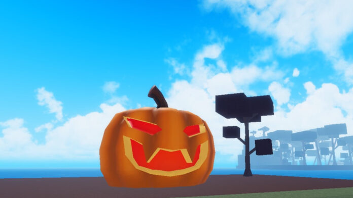 Feature image for our Meme Sea Accessories Tier List. Image shows a large pumpkin next to a tree.