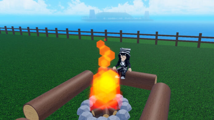 Feature image for our Meme Sea Secret Codes guide. Image shows a character sitting on a log with a camp fire.