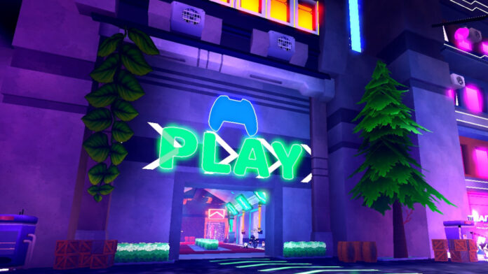 Feature image for our Multiverse Tower Defense Codes guide. Image shows a building that says 'Play' at the front.