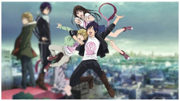 Feature image for our Noragami 10th Anniversary news showing a blurred illustration of the main 3 sat atop a building with a newer illustration at the front and centre showing them all appearing to be falling and wearing 10th anniversary celebratory shirts