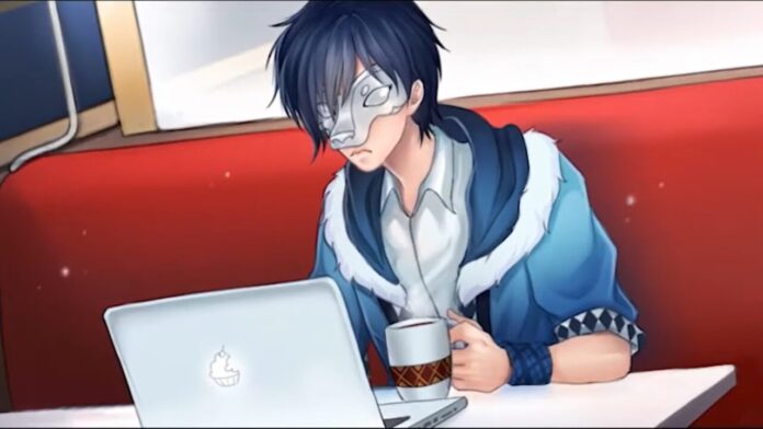 Feature image for our Nusantara Bermuda Triangle news piece. Image shows a male character with blue hair and a mask sitting at a desk with a laptop and drink.