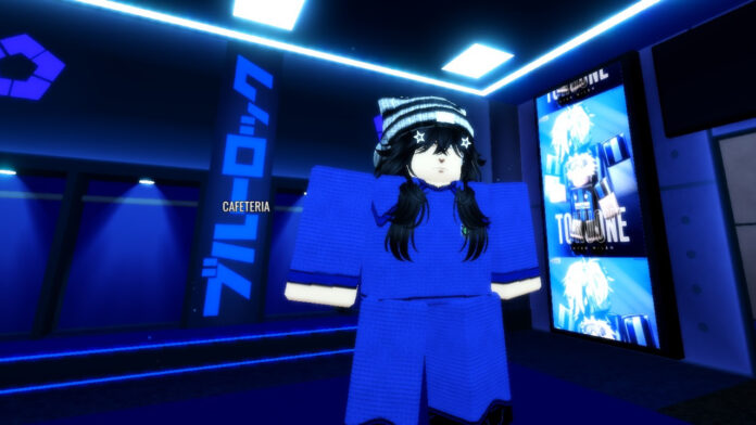 Feature image for our Roblox Locked Traits Guide. Image shows a character standing in a room with blue lights.