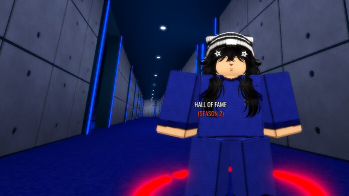 Feature image for our Roblox Locked Weapons Guide. Image shows a character standing near football lockers.