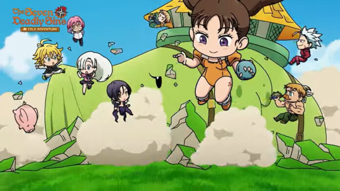 Feature image for our Seven Deadly Sins Idle Adventure Tier List. Image shows different characters in the air.