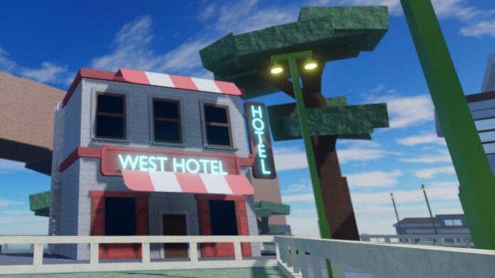 a universal time ancient sword feature image. it is the west hotel from the map which has a neon sign with the hotel's name, as well as a sign on the side of the building that says hotel in bold letters.