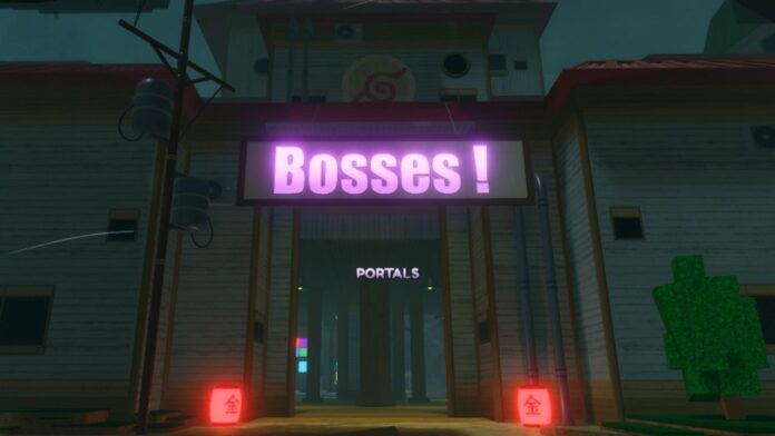 anime card battle bosses feature image. The building that takes you to the boss fights, with a street lamppost to the left and 2 glowing red lanterns on the ground on either side of the entrance to the building.