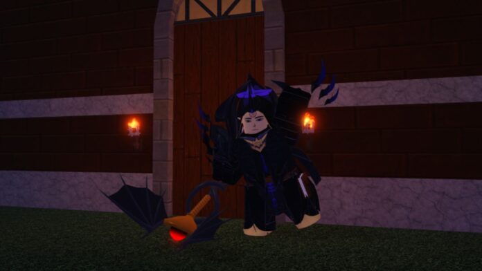 clover retribution magic feature image. it is of a mage NPC with black and purple armor as he waves whilst holding a staff that has bat wings and a glowing red orb at the top.