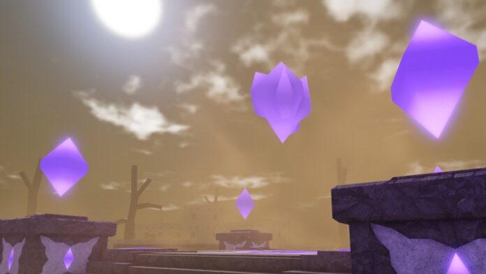 Feature image for our Clover Retribution races guide. It shows the desert area with floating purple crystals.