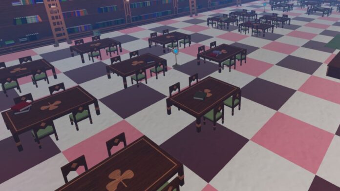 clover retribution spatial magic feature image. the afk library in the game, which features a still image of multiple tables with 4 chairs each, some of the tables have books on them, whilst large walls of bookcases encircle the library, with ladders to reach the top shelves.