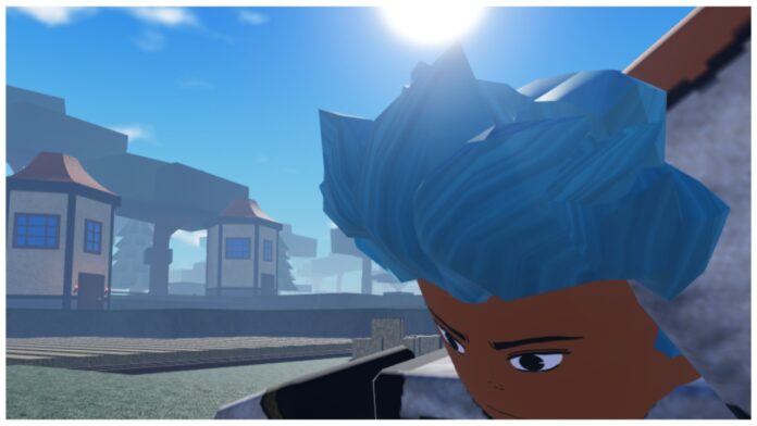 Feature image for our Clover Retribution Trait Tier List showing a blue haired npc with his hand on his head in the lower left of the screen with the sun and blue sky behind him