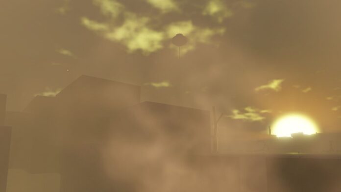 Clover Retribution traits feature image, of the desert area in the game, as the sun rises above some buildings, with a strange floating object in the clouds, and the silhouette of a large scorpion prowling on the other side of the canyon.