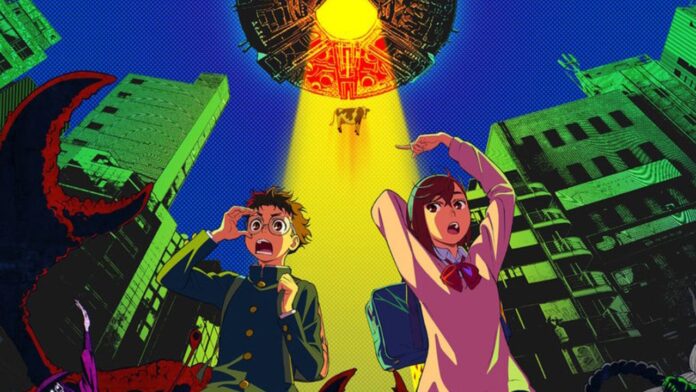 part of the poster for the dandadan first encounter cinema event, with ken and momo walking away from a UFO in the sky that's beaming up a cow in the city, there is a giant crab to the left with it's claw wide open as ken screams and holds his glasses while momo holds her bag behind her back and points at the crab