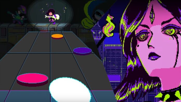 a collage with two screenshots from the Keylocker trailer. The left image is the guitar hero-inspired mini game, with the main characters on stage in pixel form with their instruments. The image on the right is a piece of pixel art of the main character, who has a gem on her forehead, and is holding a lit match, her colour scheme is purple, green, and pink.