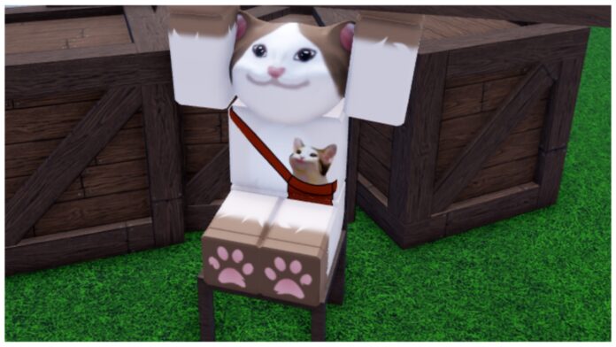 Feature image for our Meme Sea Max Player Level Guide showing a humanoid popcat holding up a wooden board. The Popcat NPC is wearing a cross-shoulder satchel with a smaller popcat inside