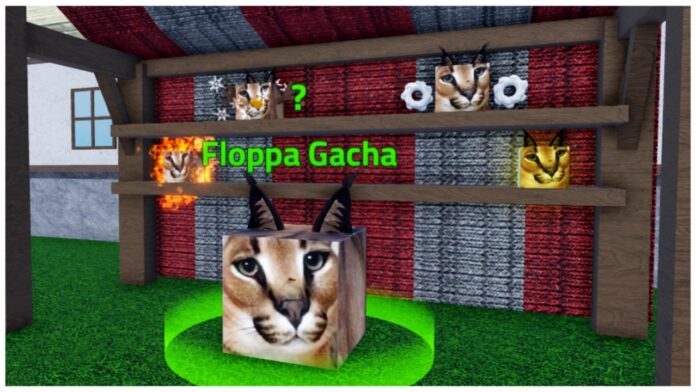 Feature image for our Meme Sea Power Tier List which shows the Floppa gacha from spawn with a boxy floppa npc with an array of powers behind him