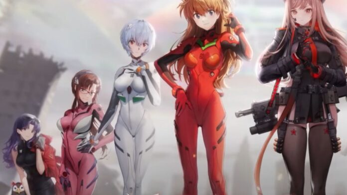 promo art for the nikke evangelion collab, featuring misato holding her red jacket over her shoulder with pen pen next to her, then to her right is mari, rei, asuka, and then rapi