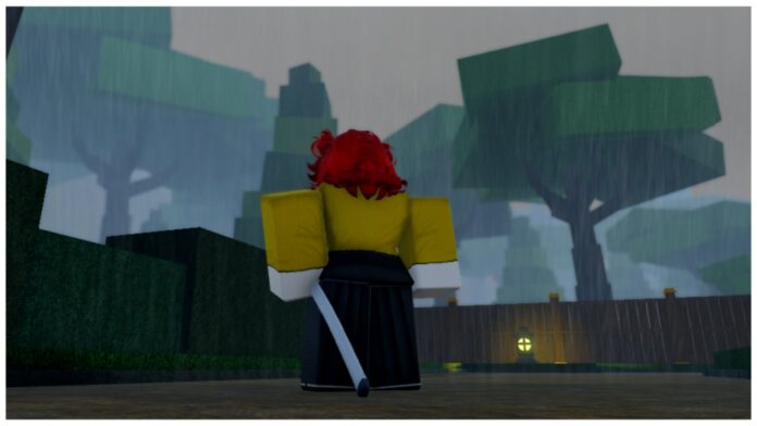 Feature image for our Onikami Nichirin Blade Guide showing the back of a player who wears a yellow shirt tucked into black pants. She has a katana rested on the left of her waist as she stands in the rain