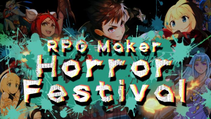 Feature image for our news on the RPG Maker Horror Festival. It shows the text 'RPG Maker Horror Festival' over a green splatter, with several RPG Maker asst characters in the background.