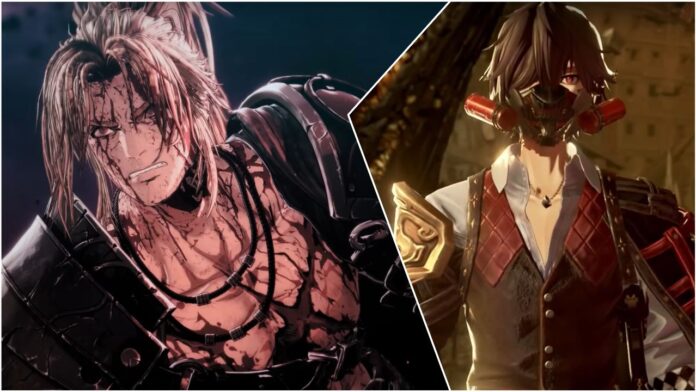 Collage for the First Berserker: Khazan news piece. On the left is a screenshot from the game's trailer of Khazan covered in blood as he grits his teeth. On the right is a screenshot from the launch trailer of Code Vein of the character Louis walking through the derelict city as he wears his mask, covering the bottom half of his face.