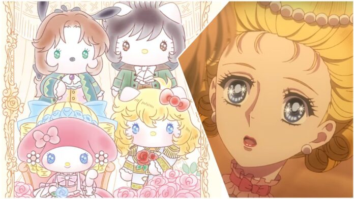 promo art for the rose of versailles sanrio collab with pochacco, hello kitty, dear daniel, and my melody in costumes inspired by the rose of versailles series, the image also includes a screenshot of marie antoinette from the movie