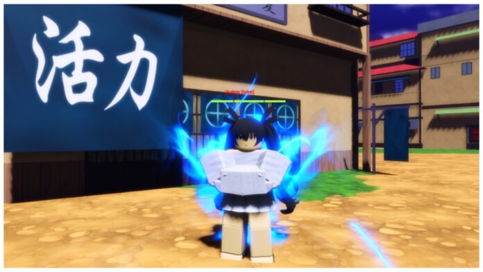 feature image for our the time of ninja element tier list showing a character wearing a white top and skirt with black twin tails with her hands held together in front of her with blue energy swirling around her