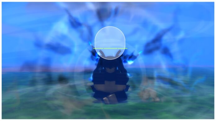 feature image for the time of ninja stats guide which shows a player with black twintails sat cross legged with blue and black foggy aura leaking off her body as she meditates