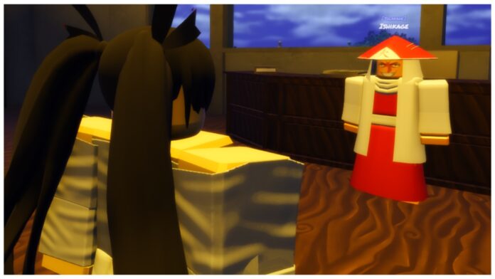 feature image for our the time of ninja weapons guide which shows my avatar looking towards an npc wearing a hat from an over-the-shoulder view. the room is dimly lit in orange and the npc has a smile