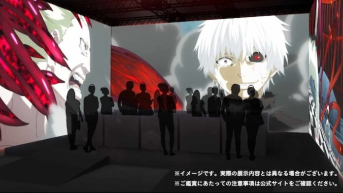 concept art for the immersive theatre at the tokyo ghoul ex exhibition, with silhouettes standing around as the jason versus kaneki fight is displayed on all walls around them