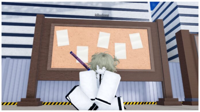 Feature image for our Type Soul All Grades Guide which shows an arrancar player wearing all white and sitting on the floor in front of a missions board cross-legged