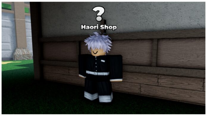 Feature image for our Weak Legacy 3 Haori Tier List showing the haori npc wearing all black and standing beside a pale building wall with an ? above his head