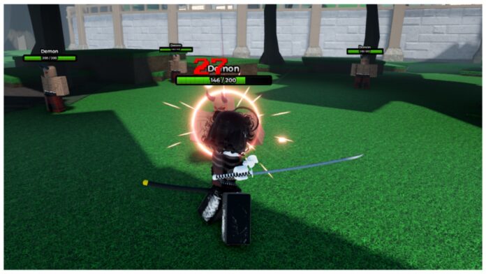 Feature image for our Weak Legacy 2 Weapon Tier List which shows the back of my avatar in combat with a demon whilst she strikes at it with her katana