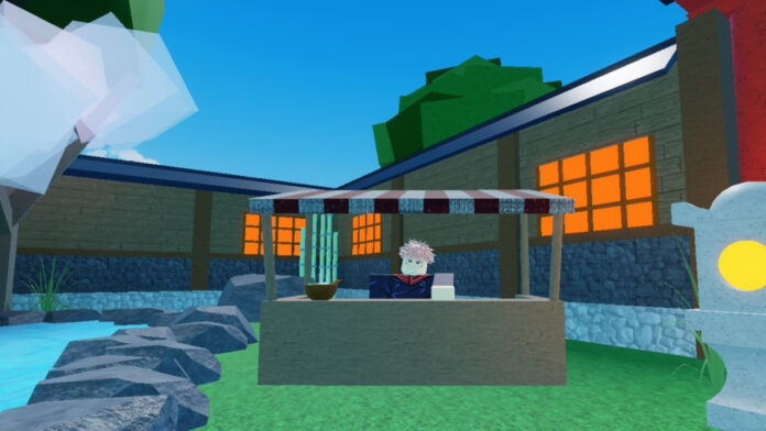 Feature image for our Jujutsu Tycoon Levels Guide. Image shows an NPC standing at a stall.